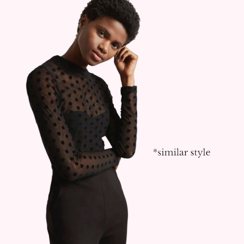 🖤🇮🇹 Vintage Femme Fatale 100% Nylon Sheer Polka Dot Mockneck Top, S